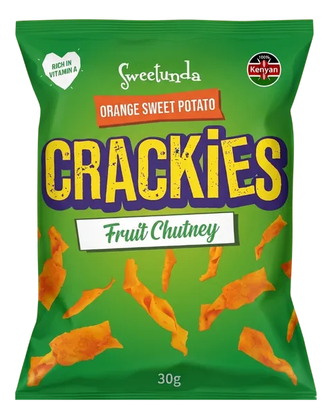 Crackies Fruit Chutney orange sweet potato crisps bag